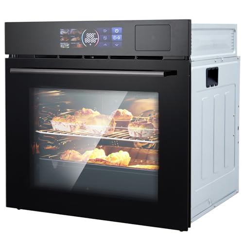 24" Built-in Electric Wall Oven, 2.5Cu.ft Capacity 3000W Single Wall Oven with Large View Window, Steam &Grill Oven 2 in1,8 Cooking Functions, 3D Surround Heating, Colorful LED Screen, Black