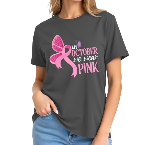 Image of Breast Cancer Awareness Ribbon Shirt Women-in October We Wear Pink Tees | Meaningful October Breast Awareness Cancer Shirt Pink Butterfly Short Sleeves Perfect for Survivors and Family Supporters