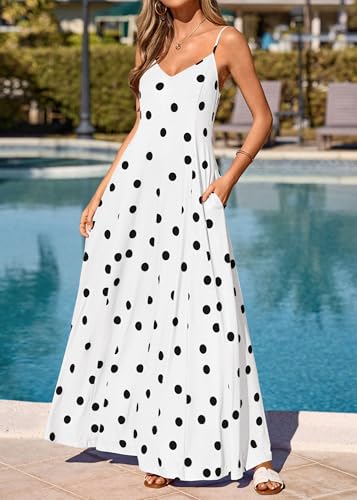 Image of KIRUNDO Womens Polka Dot Spaghetti Strap Flowy Maxi Dress | Sleeveless V Neck Boho Long Dresses, 2026 Summer Beach Vacation Cruise Outfits, A-Line Backless Sundress With Pockets