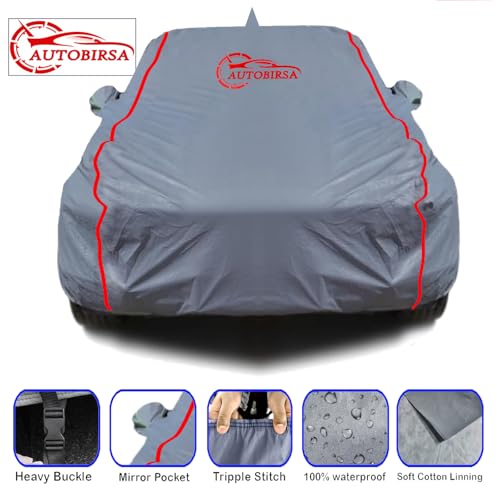 Image of Waterproof Car Body Cover Compatible with Maruti Ertiga with Mirror and Antenna Pocket, Triple Stitched (Heat Resistant US Grey with Red Piping)
