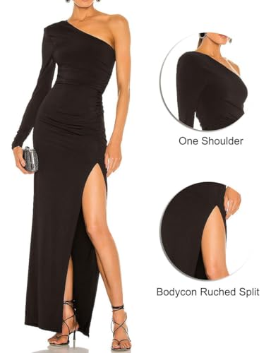 Aigeman Womens One Shoulder Long Sleeve Maxi Dress Bodycon Ruched Split Thigh Formal Dress 2184