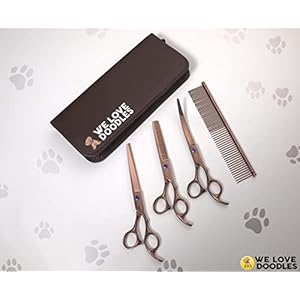 Dog Grooming Scissors Kit – Best Tools For Goldendoodles, Poodles & Doodles – Straight, Curved & Thinning Shears – Golden Doodle Grooming Kit – Professional Grade Steel, 4 Pc Set [We Love Doodles]
