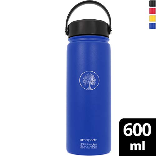 amapodo Thermo Edelstahl Trinkflasche 600ml doppelwandig ideal für Wasser Kaffee oder Tee die Thermosflasche BPA-frei (Blue)