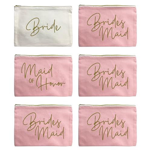 LADY&HOME 6 Pcs Bridesmaid Makeup Bag, Maid of Honor Cosmetic Makeup Bag, Bridesmaid Proposal Gifts for Bridal Shower, Bachelorette Party (Pink Bridesmaid)