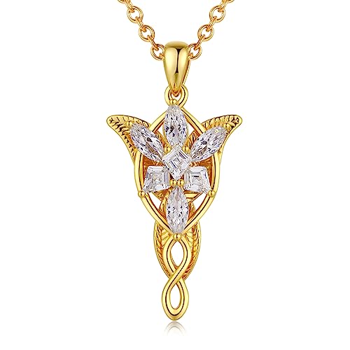 JiayangJY 18K White Gold Plated Arwen Evenstar Necklace, Lord of The Ring Hobbit Pendant Necklace with 5A Cubic Zirconia Elvish Jewelry