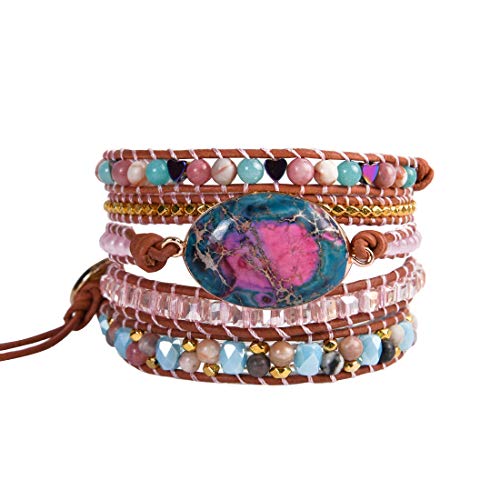 YGLINE Handmade 5 Wrap Bracelet Natural Regalite Jasper Leather Boho Bracelets Jewelry