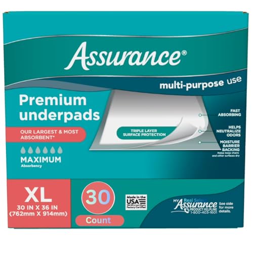 Assurance Premium Underpads Maximum Absorbency Extra Large 30 x 36 Inches Multi-Purpose Use 30 Count