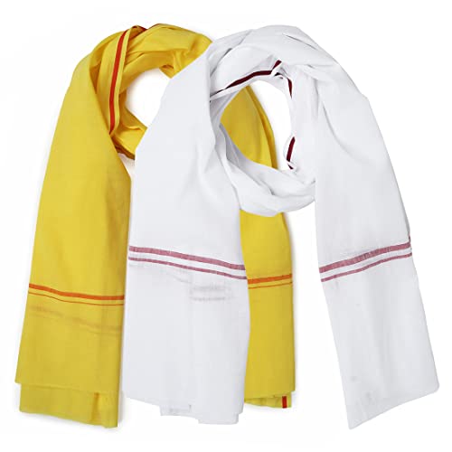 Image of Cotton Skin Friendly Summer Shrink Proof Bath Towel Pure Cotton Gamcha Soft 100% for Men and Boys All Purpose Living Handloom (White- Yellow| Pack 02)