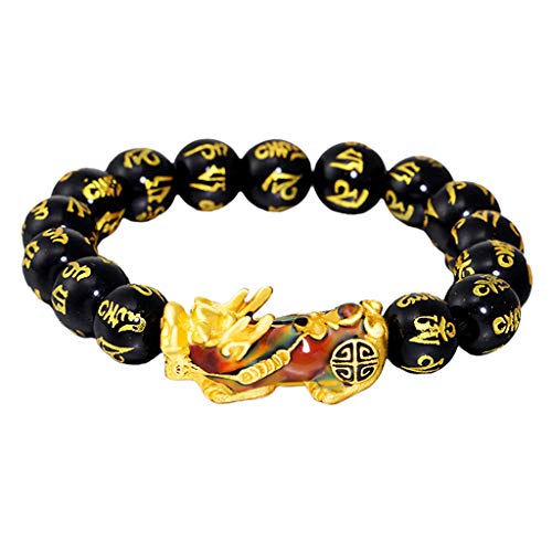 Baoblaze Feng Shui Obsidian Preto Esculpido Talão Pixiu Pulseira - Preto