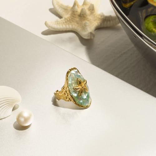 Enamel Starfish Shell Open Band Rings for Women 14K Gold Plated Titanium Steel Blue Ocean Sea Animal Conch Adjustable Wrap Finger Rings Comfirm Fit Vintage Geometric Wedding Engagement Jewelry4