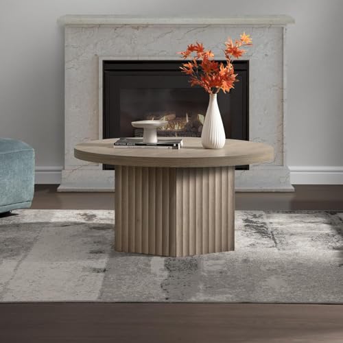 Image of SICOTAS Round Coffee Table for Living Room, Modern Fluted Circle Center Coffee Table with Storage, 32 inch Accent Tea Dining Table for Apartment, Grey Alder