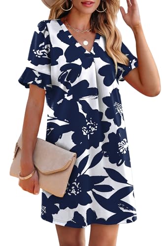 Image of OFEEFAN Summer Dresses for Women Ruffle Short Sleeve V Neck Casual Shift Dress with Pockets
