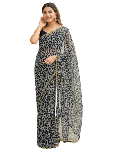 SIRIL Women's Chiffon Printed Saree with Unstitched Blouse Piece