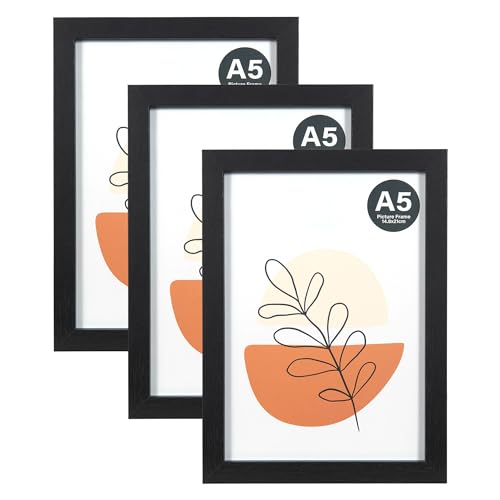 KAIWIN Bilderrahmen A5 Schwarz 3er Set 21X14.8cm rahmen mit Acrylglas zum aufhängen und aufstellen Bilderrahmen A5 Holz für Fotos Bilder