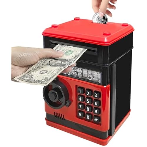Mini ATM Piggy Bank ATM Machine Best Gift for Kids,Electronic Code Piggy Bank Money Counter Safe Box Coin Bank for Boys Girls Password Lock Case (Black Red)