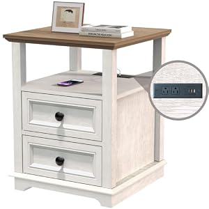 End Table with Fast USB C Charging Station, 18″ Wide Tall Sofa Side Table with 2 Drawers, Large Storage Rustic Wood Square Storage Cabinet for Living Room,Bedroom,Office, White