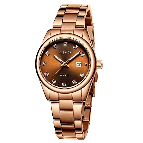 CIVO Montre Femme Or Rose Acier Inoxydable Montre Etanche Femme à Quartz Analogique Strass Montre Bracelet Femme Mode Élégant Montre Date Lumineux