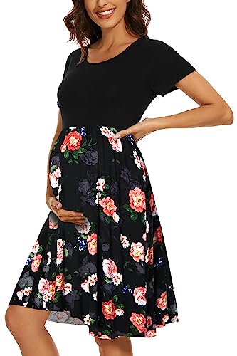 WOOXIO Women's Short Sleeve Maternity Dress Patchwork Pregnancy Clothes with Pockets, Black-Floral Black Red, Small