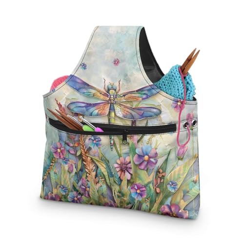 Image of KUIFORTI Dragonfly Crochet Bag Large Yarn Bags for Crocheting on The Go, Flower Crochet Hook Organizer Knitting Bags Canvas Crochet Bags and Totes
