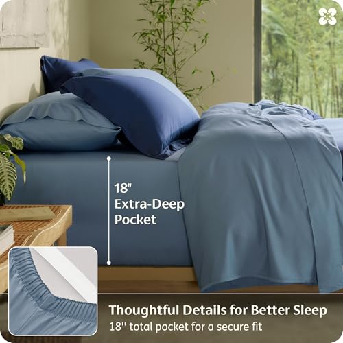 Image of Bedsure 100% Organically Grown Bamboo Viscose Queen Sheet Set | Cooling Bedsheets for Hot Sleepers | Luxury Silky Soft PureWoven | 18 inch Deep Pocket with Corner Straps | Oeko-Tex [Mineral Blue]