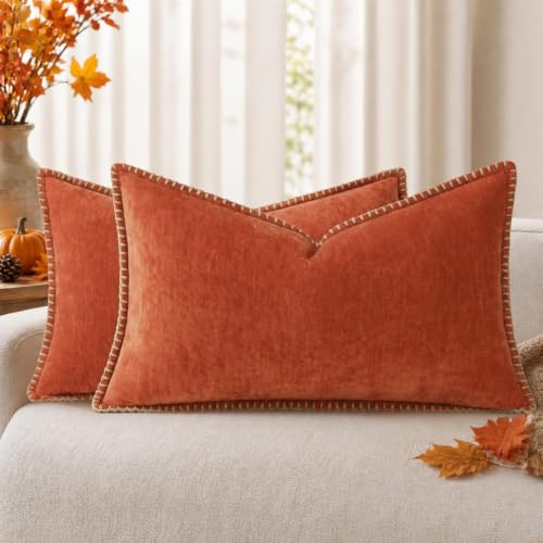 Image of decorUhome Soft Chenille Throw Pillow Covers 12x20 Set of 2 Rust