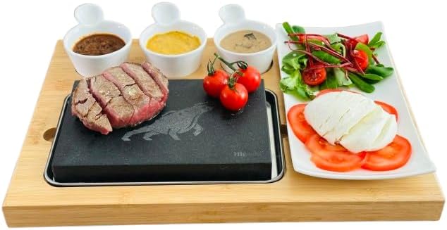 1 x HIGOSHI Bull Engraved Bamboo Board 7 Piece Meat, Fish, Veg or Steak Cooking Hot Stone Set - Sizzling Hot Plate with Spoons