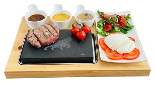 1 x HIGOSHI Bull Engraved Bamboo Board 7 Piece Meat, Fish, Veg or Steak Cooking Hot Stone Set - Sizzling Hot Plate with Spoons