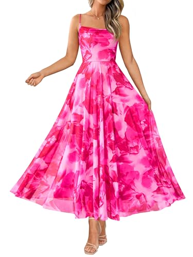 BTFBM Women Summer Floral Maxi Dresses Elegant Spaghetti Strap Dress Printed Party Dress Beach Long Dresses(Floral Pink,Medium)