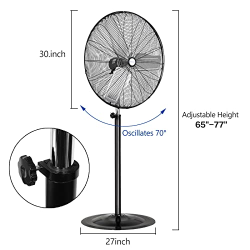 Bilt Hard 8800 Cfm 30" High-Velocity Industrial Pedestal Fan, 3-Speed Heavy Duty Oscillating Stand Fan With Aluminum Blades And Adjustable Height, Metal Shop Fan For Commercial, Warehouse, And Garage- Ul Listed #TOP3