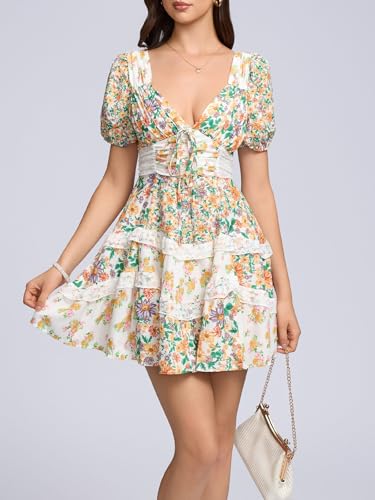 Image of hibshaby Women's Floral Patchwork Dress V Neck Lace Layered Ruffle Flowy Babydoll Dress Puff Sleeve Tiered Mini Sundress