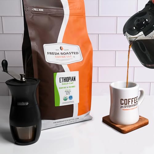 Image of Fresh Roasted Coffee, Organic Ethiopian Water-Processed Half-Caf Drip Ground Coffee, Medium Roast, USDA Organic, 100% Single Origin, Kosher, 5 lb (80 oz)