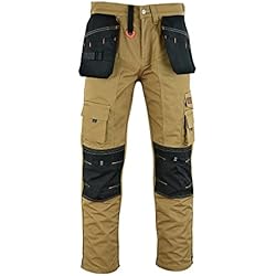 Ropa De Trabajo Fontanero WrightFits Pantalones de trabajo con funda para hombre, color negro - Pantalones de carga de combate de seguridad resistente, múltiples bolsillos, bolsillos para rodilleras, caqui, 42W x 29L