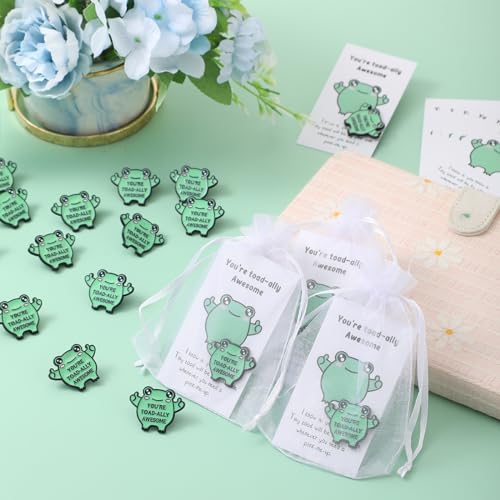 Lyrow 50 Pcs Appreciation Gift Pin Cartoon Cute Frog Brooch Collar Pin Cheer up Cards with Organza Bags Employee Thank You Gift Coworker Recognition Metal Badge Backpack Decoration4