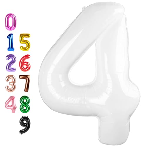 Image of 4 Balloon 40 inch White Number Balloons for 4th Birthday Party Decoration | Saturated Color, Large 40 inch, With Inflation Straw & Hanging Hole, Great for Bridal Party, Wedding, Thanksgiving, Christmas