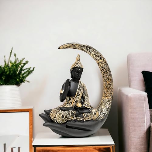Image of Antique Big Meditating Moon Buddha Statue Showpiece for Home Decor - Living Room - House Warming - Office - Gifting - Buddha Idol Polyresin Decorative Figurine (9 Inch / 23 cm, Black, Gold)