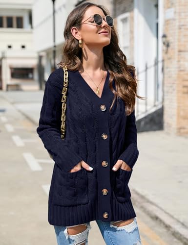 KOJOOIN Women's Casual Button Down Cardigan Sweaters Chunky Long Sleeve Cable Knit Outerwear Coat with Pocket3