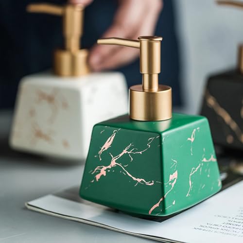 Image of Luxury Ceramic Soap Dispenser (Luxe Green) - 300 ml Matte Glazed with Gold Marbling Triangular Refillable Lotion & Handwash Pump Bottle for Bathroom, Kitchen Sink & Wash Basin Decor