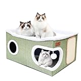 Extra Große Katzenhaus Indoor, 2-stöckige Kuschelhöhle mit Kratzbrett und Spielball, Katzenhöhle für Katzen, Ideal für Mehrere Kleine Haustiere und Große Kätzchen, Grün