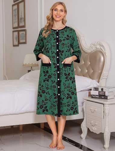 Image of Bloggerlove House Dress Women Cotton Snap Front Nightgown 3 /4 Sleeve Housecoat Duster Robe with Pockets Moomoo Patio Dress
