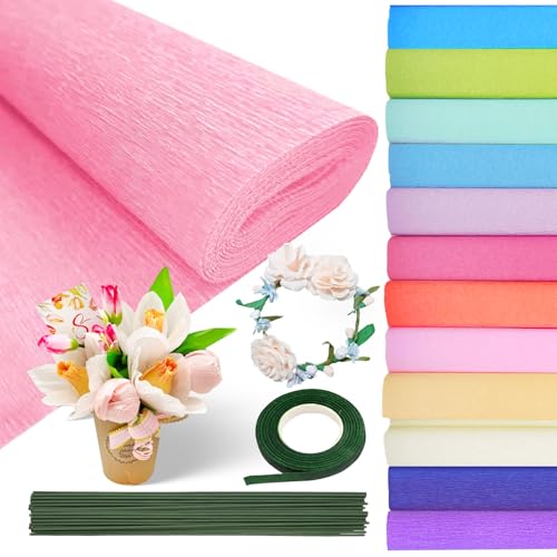 12 Couleurs Papier Crepon 25 x 200 cm 12 Rouleau Papier Crépon avec Rouleau de Ruban et Tiges de Fil Floral Papier Crépon Fleurs pour Créer Des Fleurs...