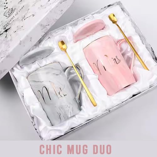 مجموعة أكواب قهوة بطباعة Mr. و Mrs. من أمرتير، أكواب سيراميك رخامية 14 أونصة مع أغطية ومغارف، مثالية للعروس والعريس، مثالية لحفلات ما قبل الزفاف والخطوبة والذكرى السنوية وأكواب الأزواج المتزوجين