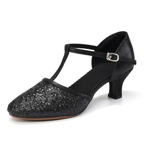 Women Latin Dance Shoes Sequin Closed Toe T-Strap Ballroom Salsa Tango Party Performance Dance Shoes,Model FT-135