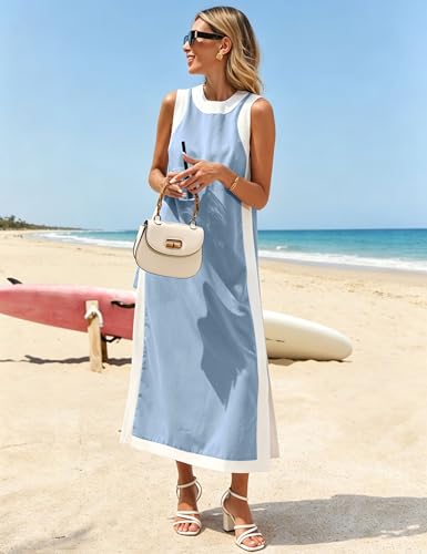 Image of Hooever Women's 2 Piece Sets Boho Color Block Sleeveless Maxi Dress Matching Shorts with Pockets