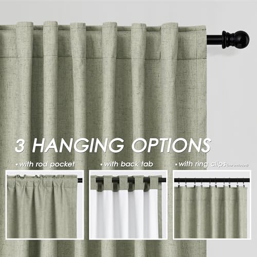 Image of Nanspring Sage Green 100% Blackout Linen Curtains 84 Inch Length 2 Panels Set for Bedroom Back Tab Farmhouse Decor Coastal Black Out Curtain for Living Room Office Thermal Insulated Drapes 52x84