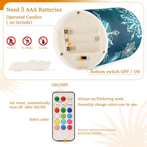 Image of Christmas Flameless Candles Teal Blue White Snowflake Pillar Candles Set of 2 Battery Operated Remote Control Warm Lights Home Decor