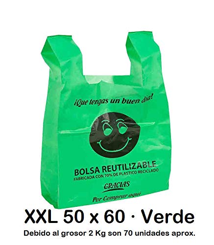 Bolsas de Plástico Tipo Camiseta Resistentes, Reutilizables y Recicladas | Galga 200 | Tamaño XXL 50x60 cm | 2 Kg - 70 uds Aprox. | 70% Recicladas | Cumple Normativa | Aptas Uso Alimentario | Verdes