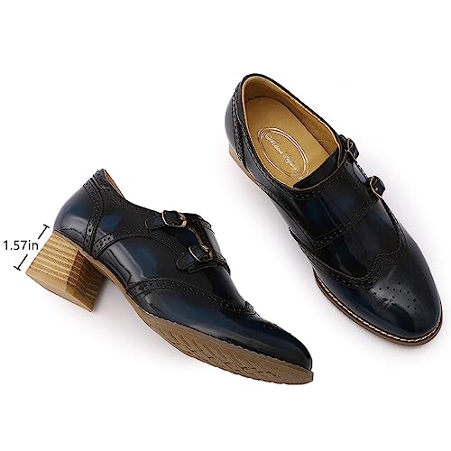 Mona flying Womens Leather Chunky Heel Monk Strap Oxfords Wingtip Ladies Mid Heel Dress Loafers Pumps Shoes with Buckle - Image 6