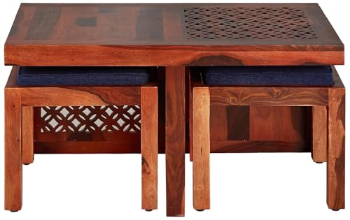 Image of Jangid Handicraft Solid Sheesham Wood Coffee Table with 2 Stool | Rectangle Sofa Centre Table with Stool | Tea Center Table with 2 Stools for Living Room | Patio Teapoy Table with Two Puffy, Brown