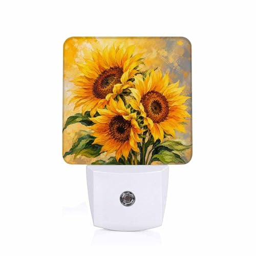 Image of LED Night Light,Watercolor Yellow Sunflower LED Night Light Plug into Wall with Dusk to Dawn Light Sensor White Energy Efficient Nightlight for Bedroom Bathroom Hallway Living Room Kitchen