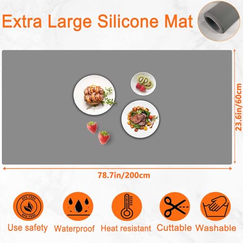 Image of 78.7''x23.6''(200cmx60cm) Extra Large Silicone Mat for Kitchen Counter, Heat Resistant Non-Slip Kitchen Island Protector Mat, Silicone Placemat for Countertop Protector, Dark Gray